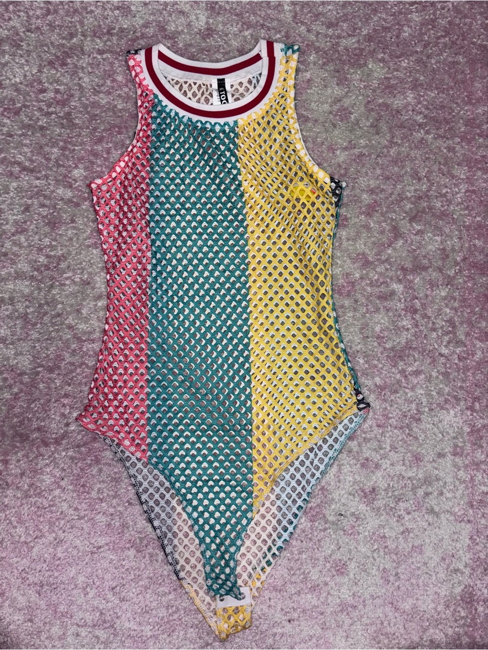 Colorblock Mesh Bodysuit in Teal, Yellow & Pink